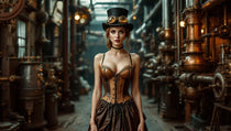 Costume steampunk femme avec corset et chapeau dans un atelier victorien