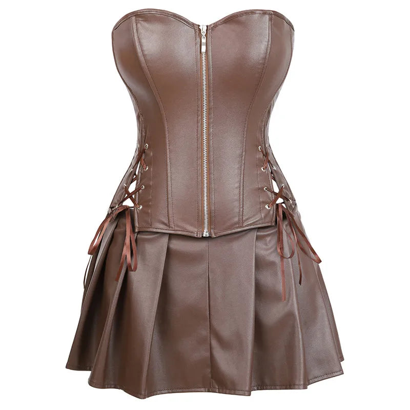 Leather Corset Dress & Burlesque Skirt — Gothic Steampunk Set