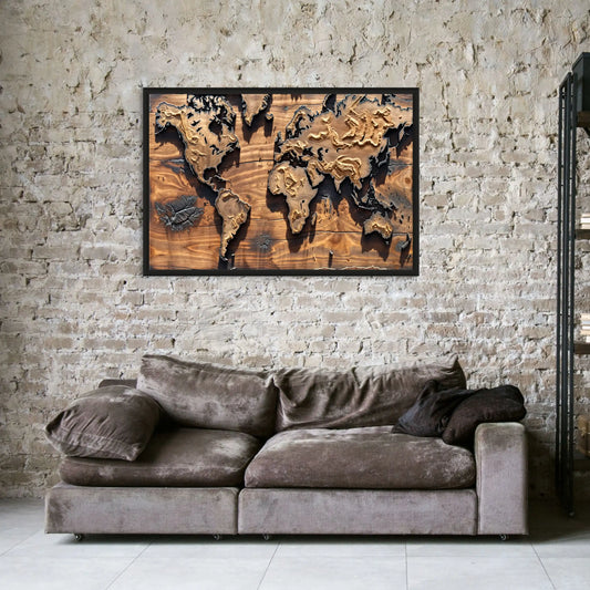 Tableau Carte du Monde Bois - Steampunk Style