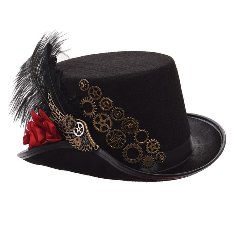 Chapeau Haut-de-Forme En Cuir Véritable Noir Avec Pièces De Buffle - Style Steampunk HL0011