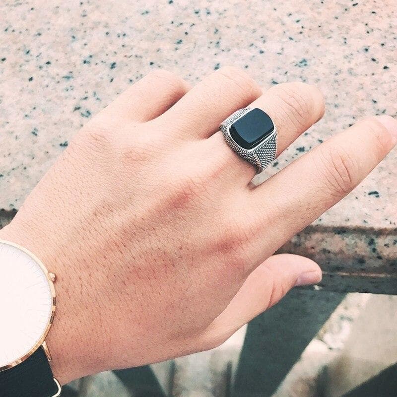Bague Homme Chevalière Motard - Acier Inoxydable Avec Pierre Noire | Style Biker, Cadeau Anniversaire