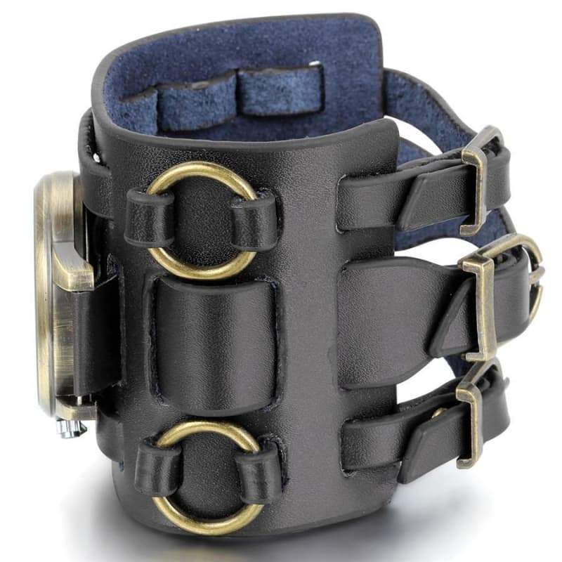 Montre Aviateur Homme bracelet en cuir noir vue de coté | Steampunk-Store