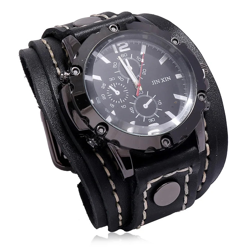Montre Quartz Homme Cuir Large — Bracelet Vachette Vintage ou Punk - Photo 23