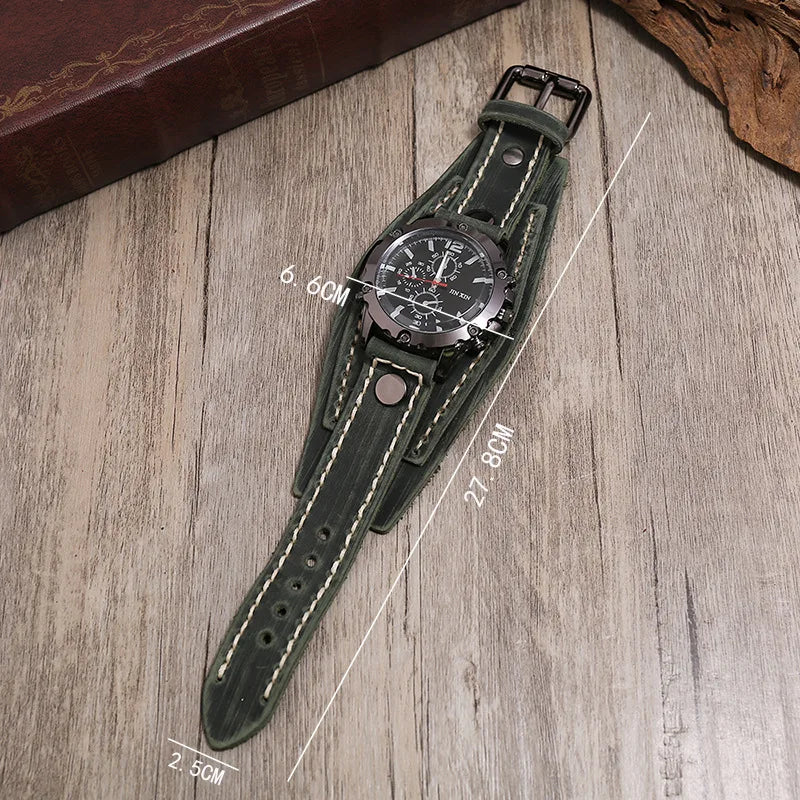 Montre Quartz Homme Cuir Large — Bracelet Vachette Vintage ou Punk - Vue rapprochee