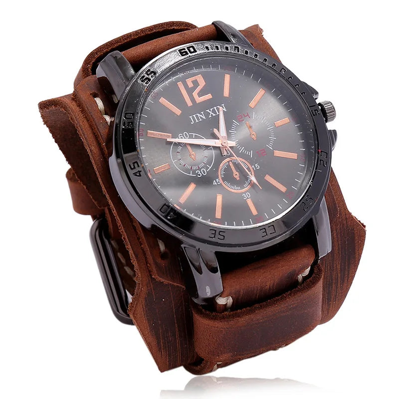 Montre Quartz Homme Cuir Large — Bracelet Vachette Vintage ou Punk - Photo 9