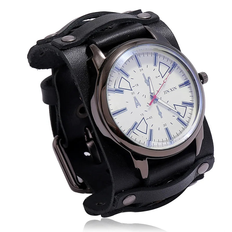 Montre Quartz Homme Cuir Large — Bracelet Vachette Vintage ou Punk - Photo 15