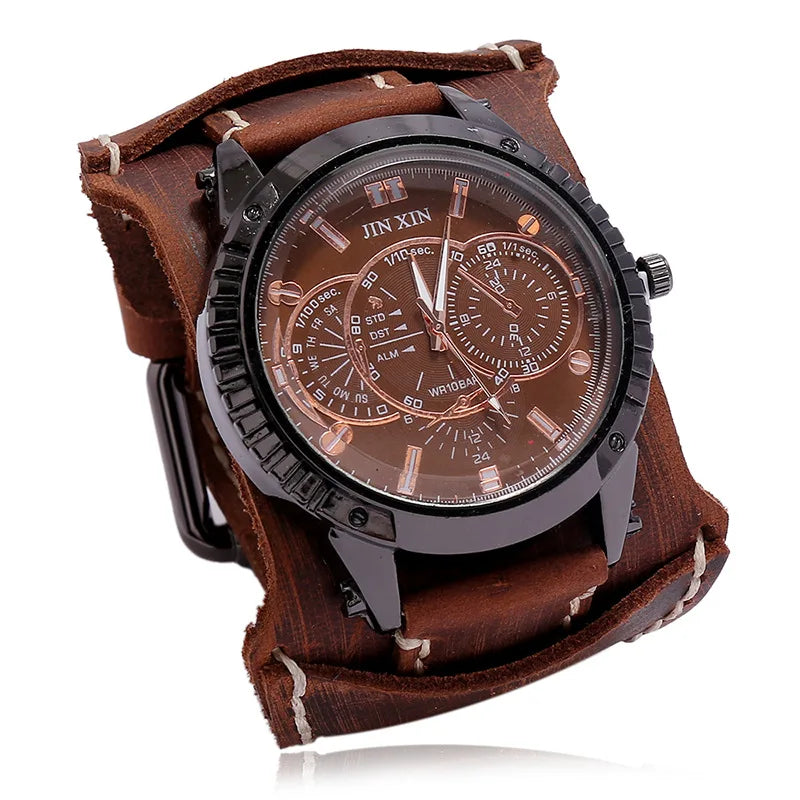 Montre Quartz Homme Cuir Large — Bracelet Vachette Vintage ou Punk - Photo 25