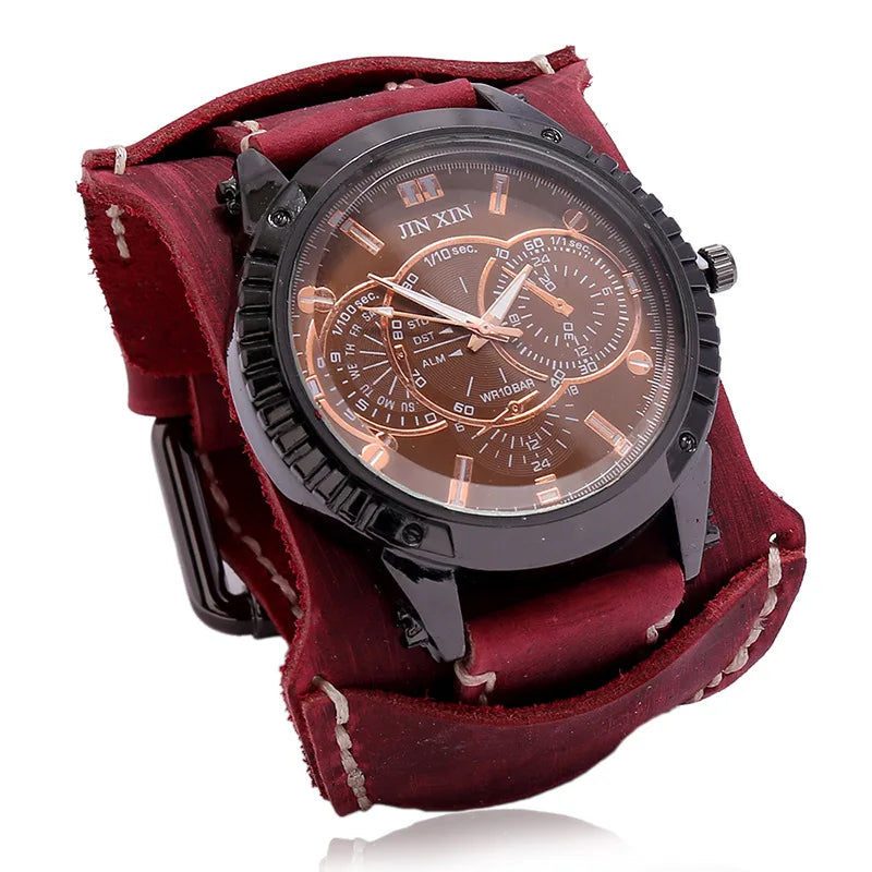 Montre Quartz Homme Cuir Large — Bracelet Vachette Vintage ou Punk - Photo 19