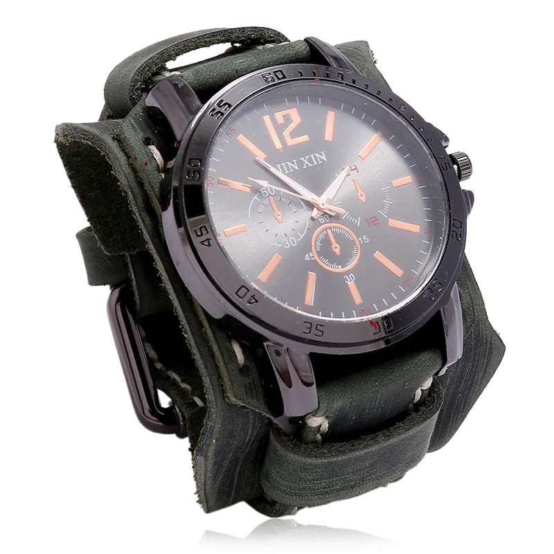 Montre Quartz Homme Cuir Large — Bracelet Vachette Vintage ou Punk - Photo 10