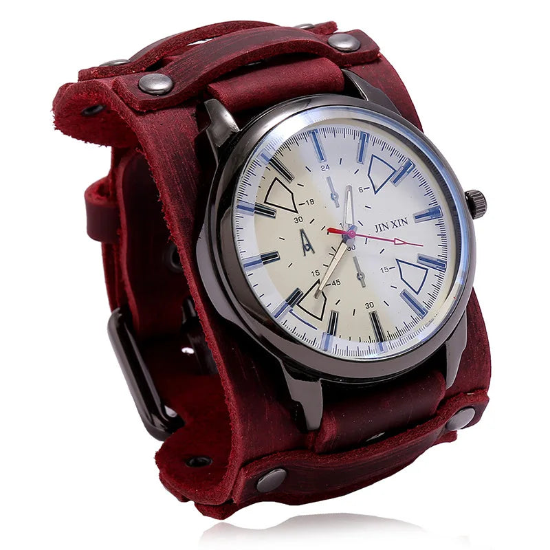 Montre Quartz Homme Cuir Large — Bracelet Vachette Vintage ou Punk - Photo 13