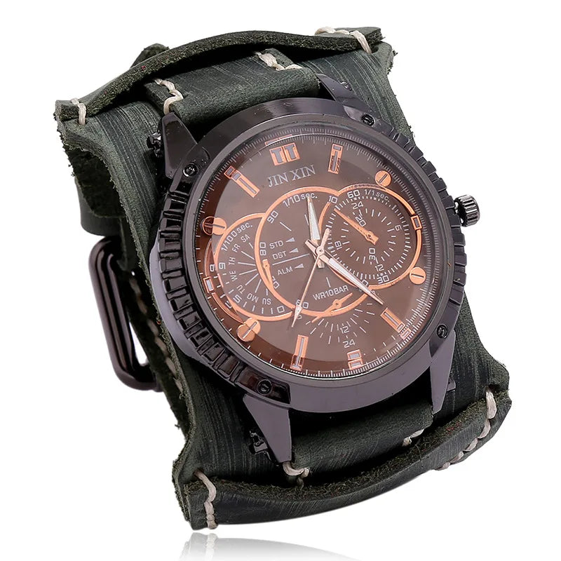 Montre Quartz Homme Cuir Large — Bracelet Vachette Vintage ou Punk - Photo 12