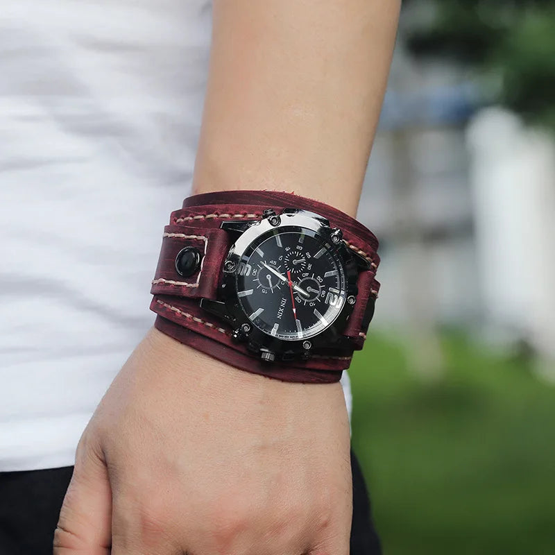 Montre Quartz Homme Cuir Large — Bracelet Vachette Vintage ou Punk - Retro Rouge 1, Retro Marron 3, Retro Marron 1