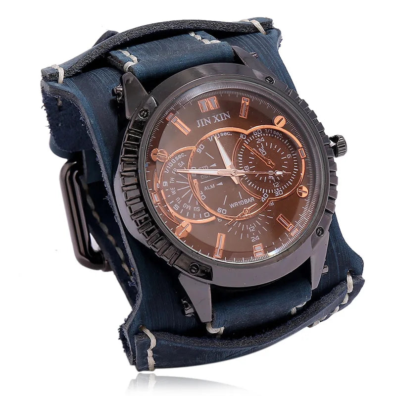 Montre Quartz Homme Cuir Large — Bracelet Vachette Vintage ou Punk - Photo 21