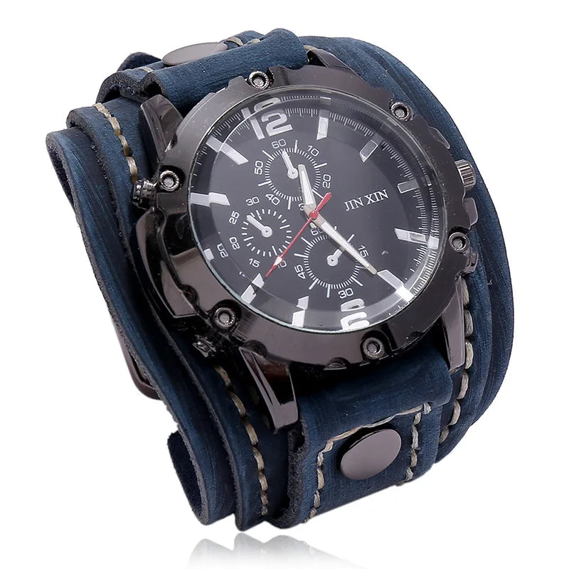Montre Quartz Homme Cuir Large — Bracelet Vachette Vintage ou Punk - Photo 24
