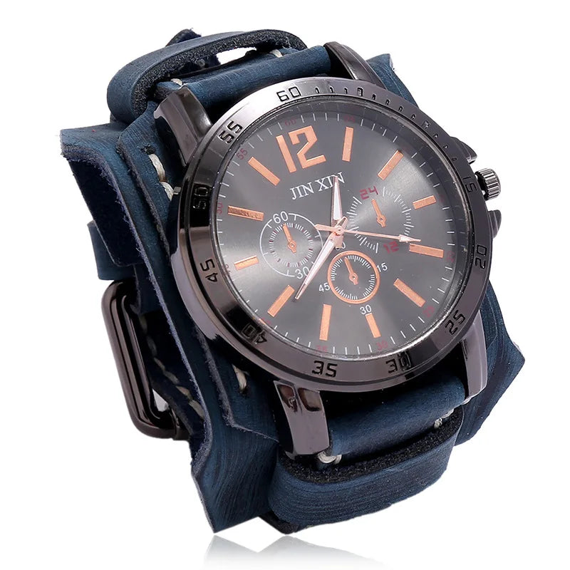 Montre Quartz Homme Cuir Large — Bracelet Vachette Vintage ou Punk - Photo 18