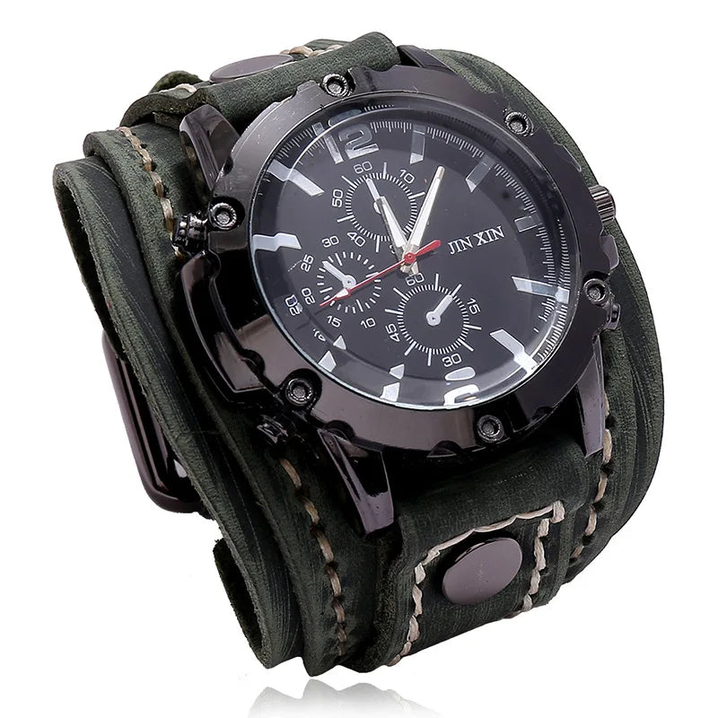 Montre Quartz Homme Cuir Large — Bracelet Vachette Vintage ou Punk - Photo 14