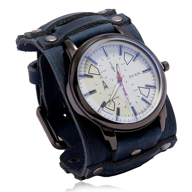 Montre Quartz Homme Cuir Large — Bracelet Vachette Vintage ou Punk - Photo 22