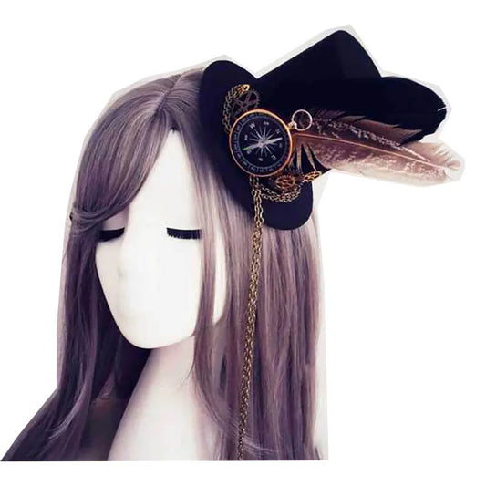 Mini chapéu steampunk com bússola e relógio de aventureira