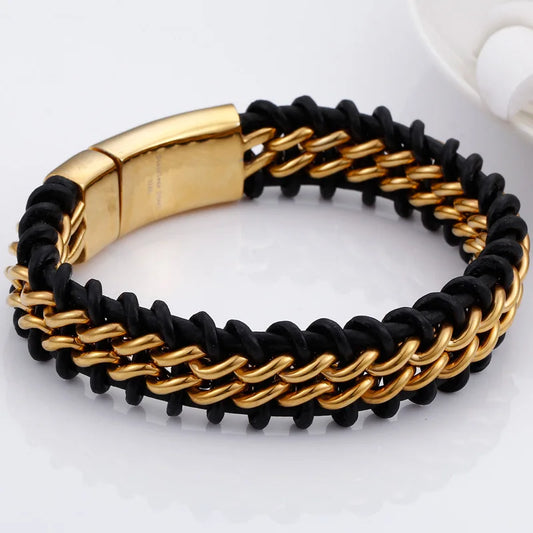 Bracelet Nordic Style Steampunk - Cuir Noir Tressé et Chaîne Acier Doré
