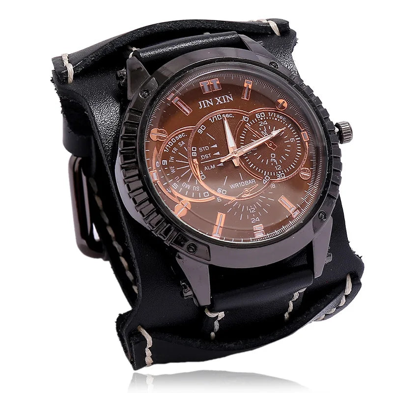 Montre Quartz Homme Cuir Large — Bracelet Vachette Vintage ou Punk - Steampunk Style