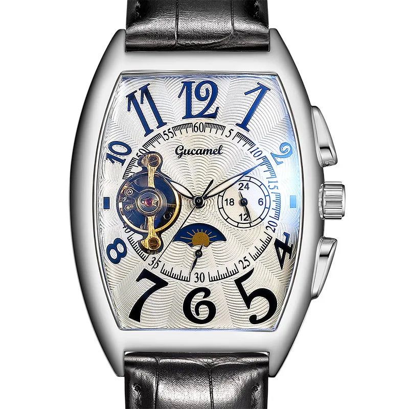 Montre Automatique Tonneau Homme à Cœur Ouvert - Argenté, cadran blanc