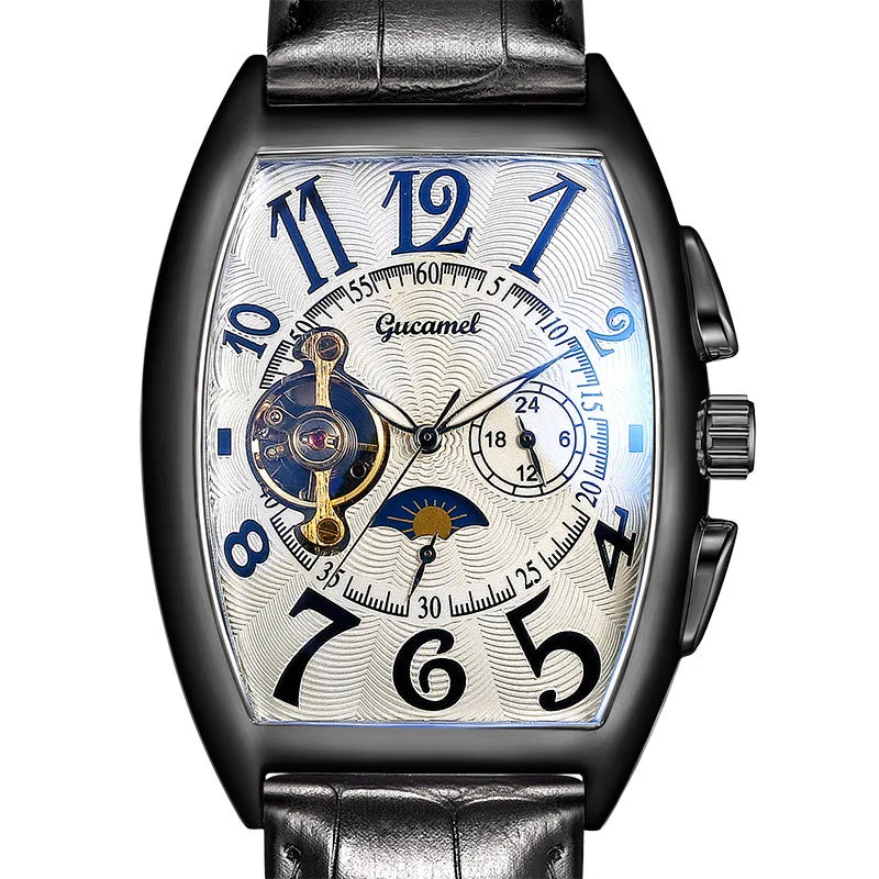 Montre Automatique Tonneau Homme à Cœur Ouvert - Noir, cadran blanc