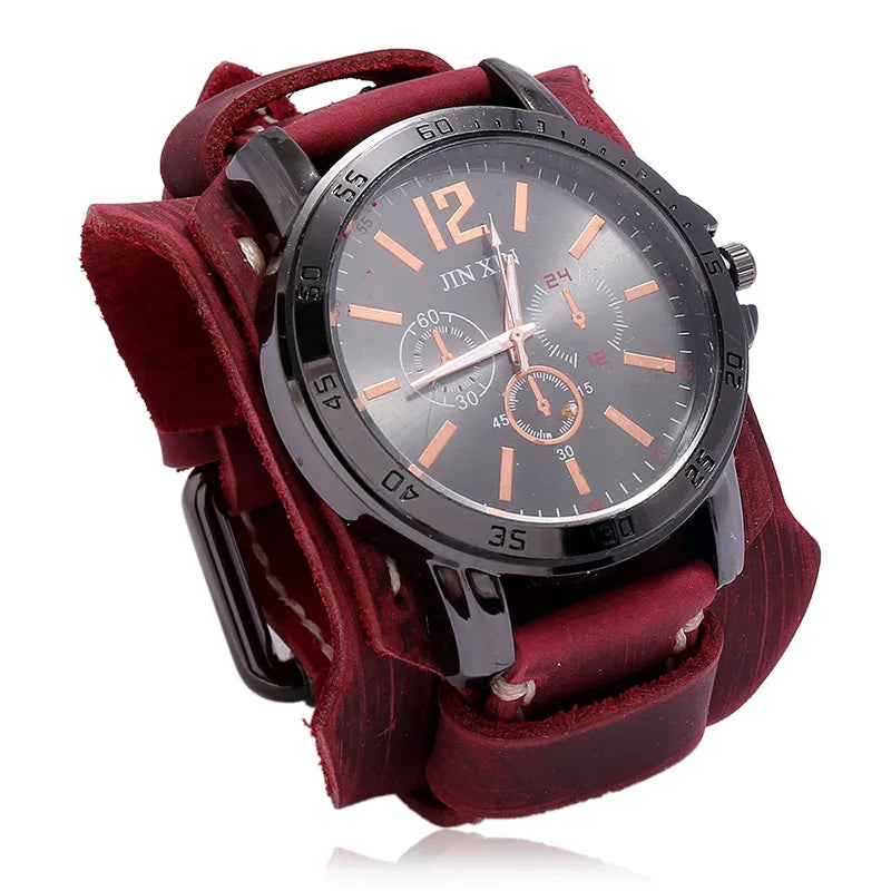 Montre Quartz Homme Cuir Large — Bracelet Vachette Vintage ou Punk - Photo 11