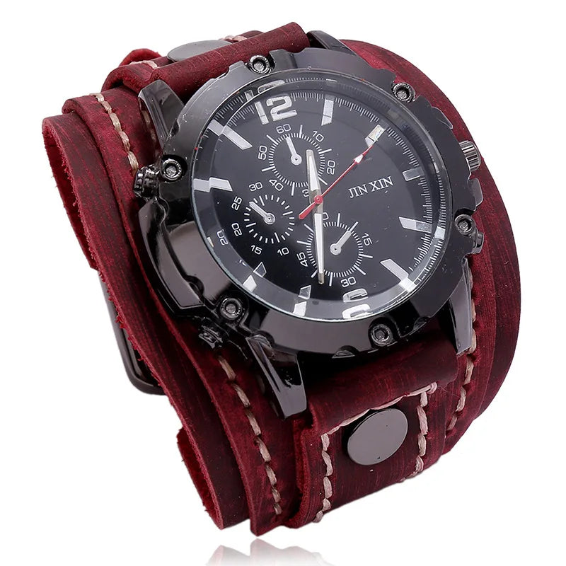 Montre Quartz Homme Cuir Large — Bracelet Vachette Vintage ou Punk - Photo 7