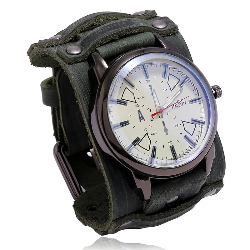 Montre Quartz Homme Cuir Large — Bracelet Vachette Vintage ou Punk - Photo 16