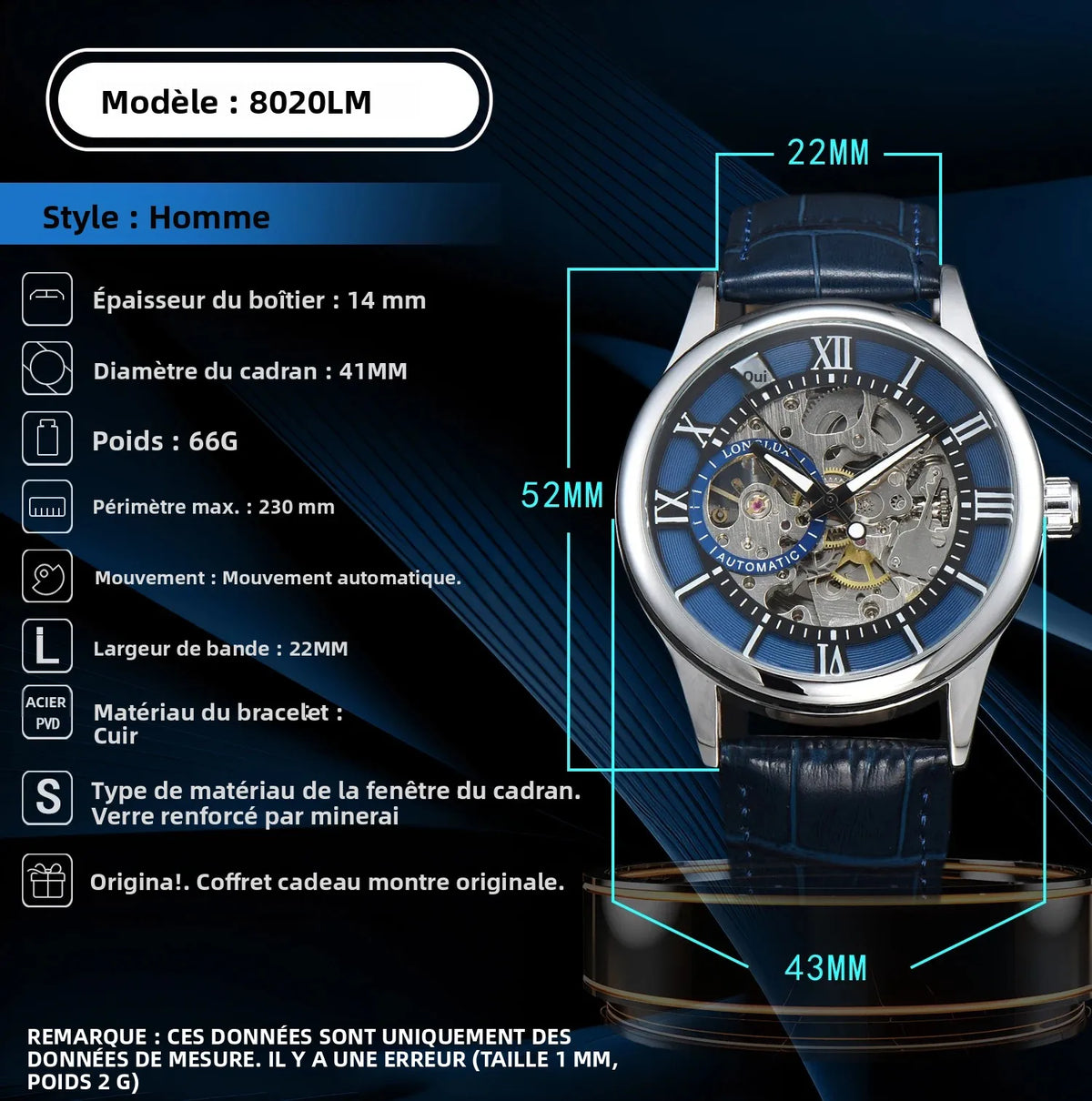 Reloj Esqueleto para Hombre con Números Romanos — diagrama de medidas del proveedor
