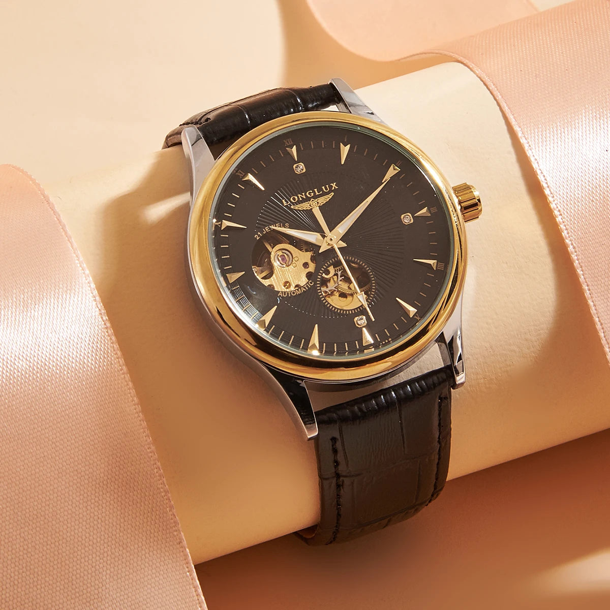 Men’s Classic Automatic Watch with Double Opening — Two-tone, dial black, strap black