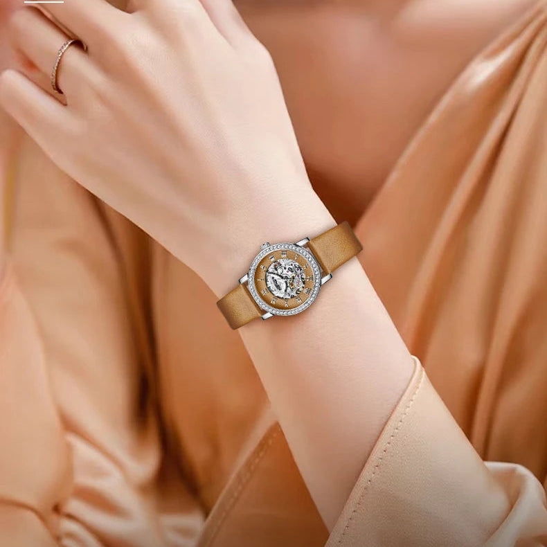 Damen-Skelettuhr mit römischen Ziffern - Victoria - olivgrünes Armband