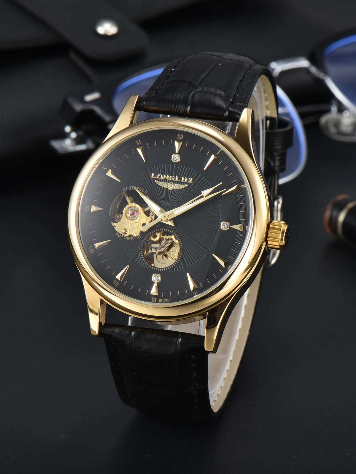Men’s Classic Automatic Watch with Double Opening — Gold-tone, dial black