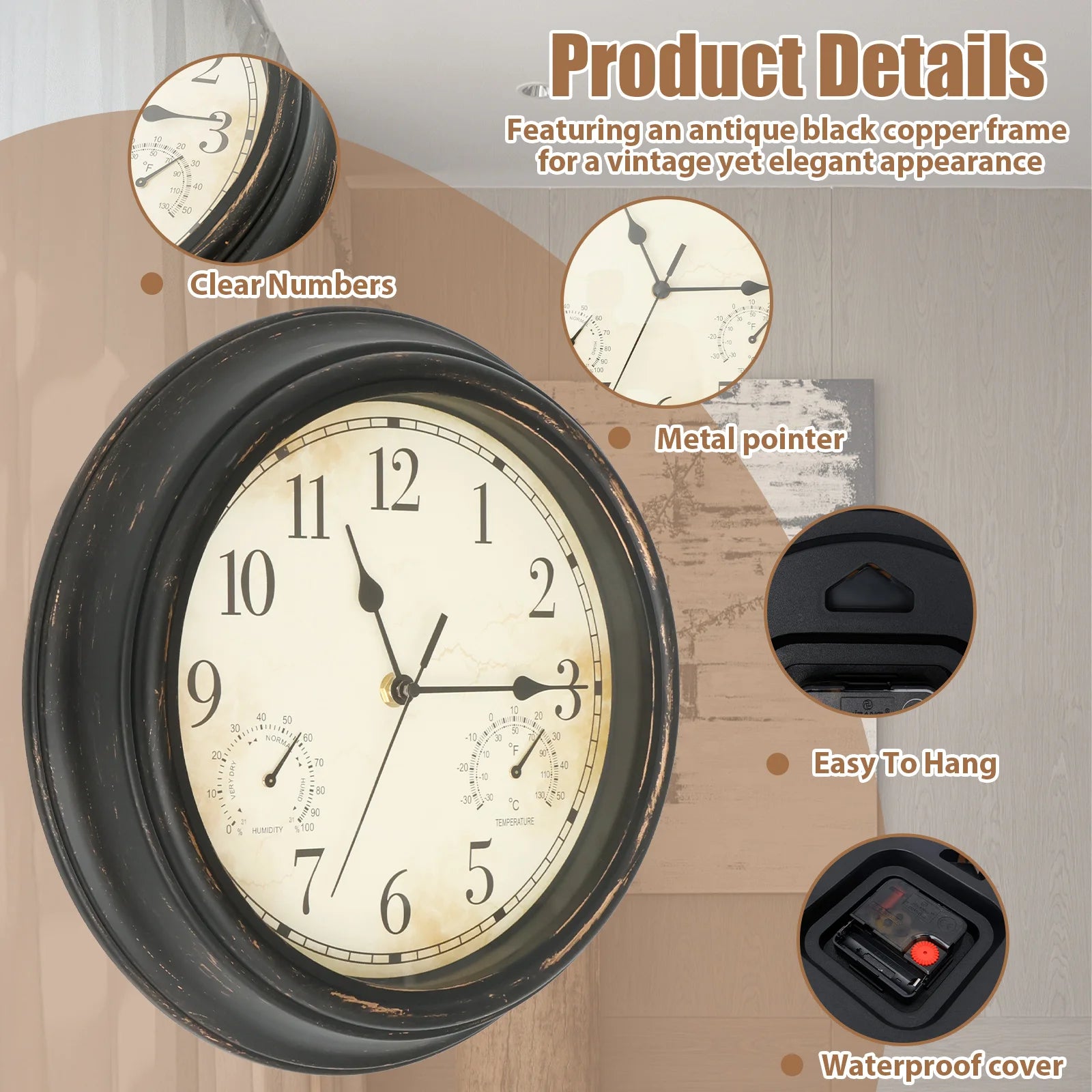 Horloge Extérieure Vintage avec Thermomètre - détail du cadran 2