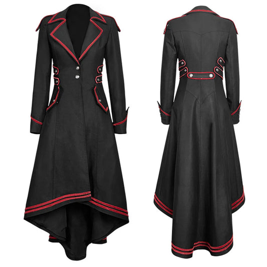 Trench Militaire Victorien Femme - Asymétrique Liserés Rouges Boutons Argent