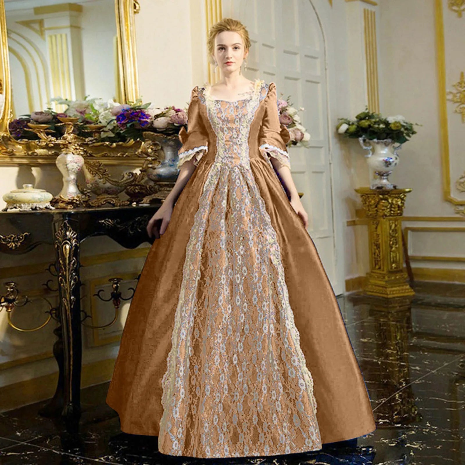 baroque design dress LUXURY ANTIQUE BAROQUE STYLE SATIN WEDDING DRESS WITH FLORAL LONG SLEEVES