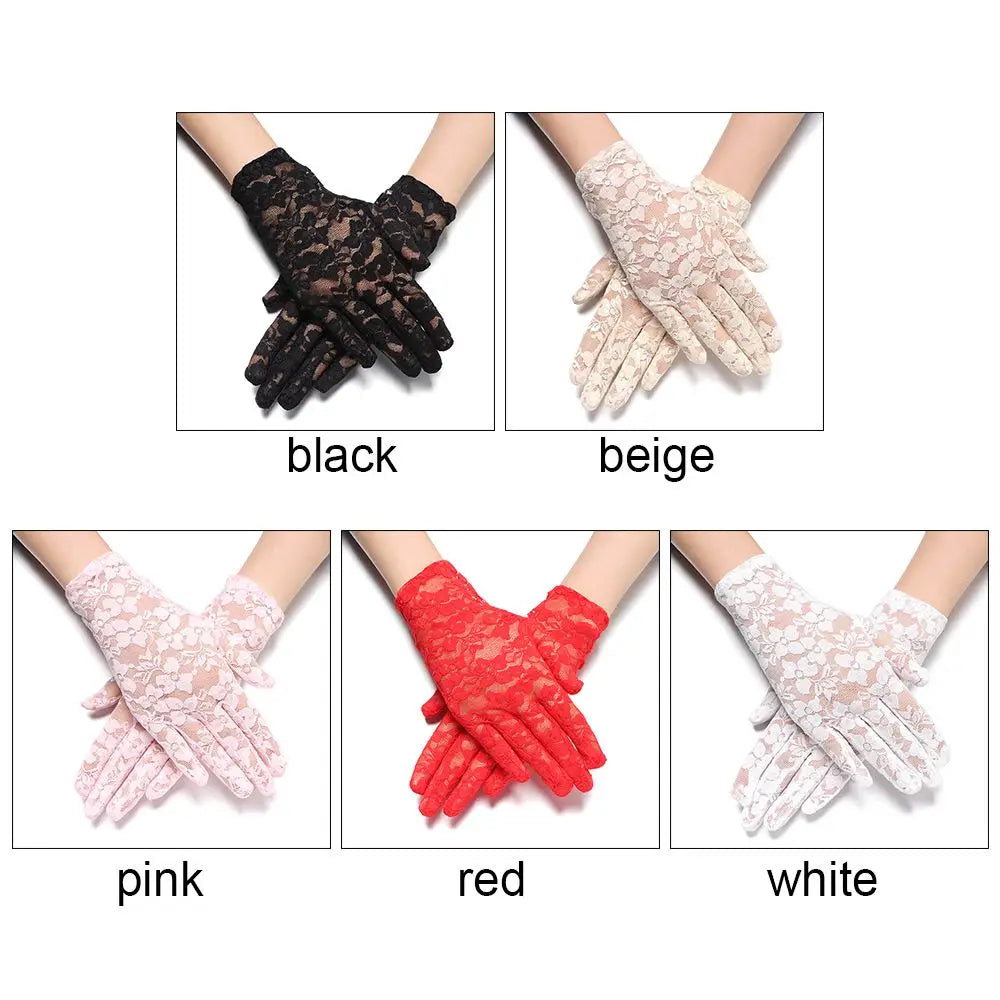 Farbübersicht floraler Spitzenhandschuhe in Schwarz, Beige, Rosa, Rot und Weiß