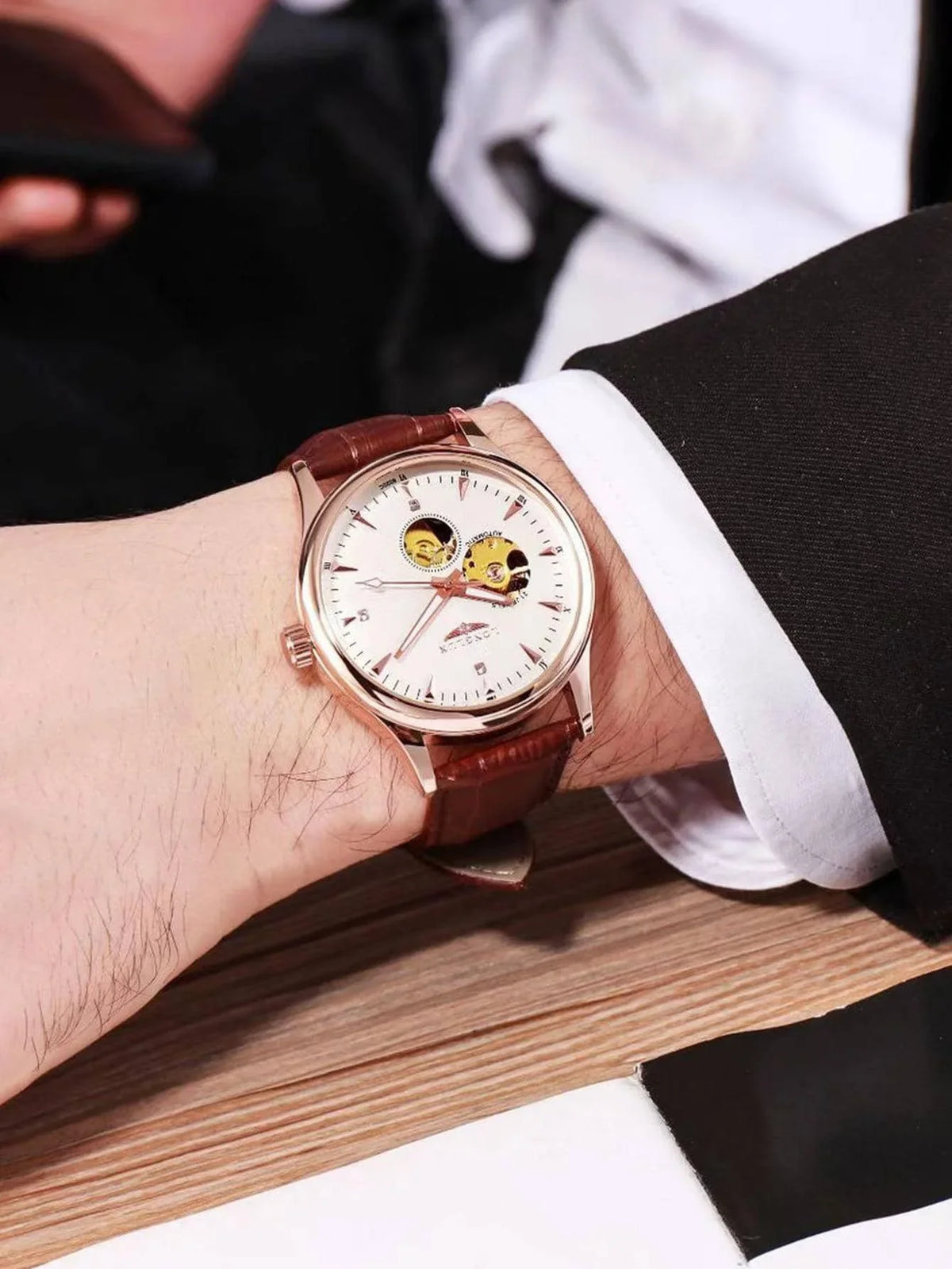 Men’s Classic Automatic Watch with Double Opening — worn on the wrist