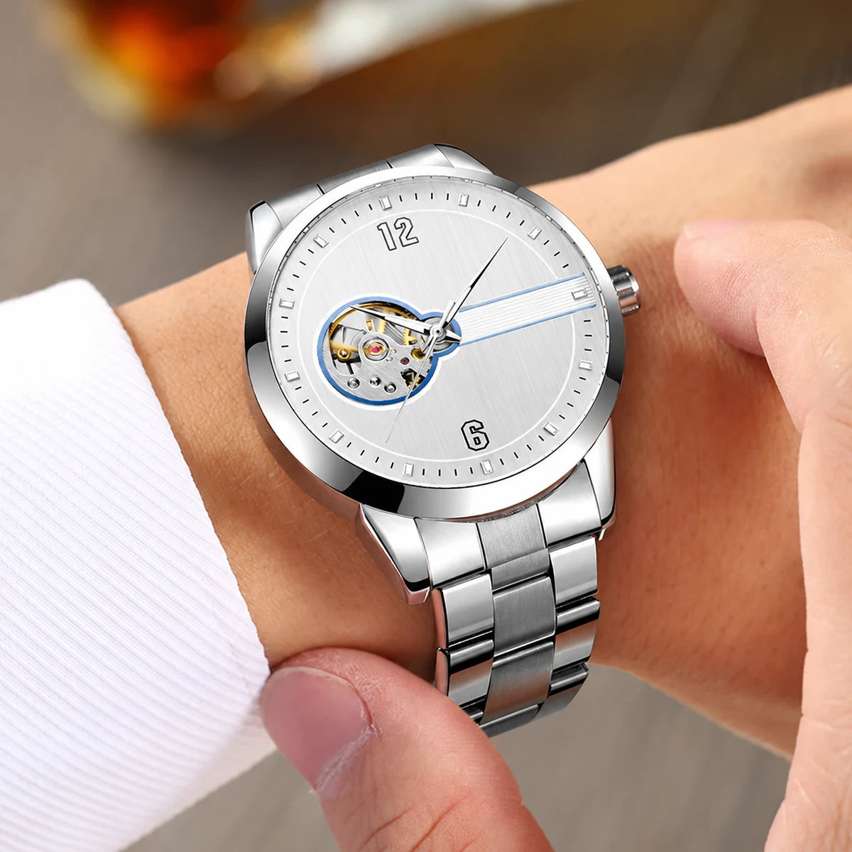 Reloj Automático para Hombre de Corazón Abierto y Acero — esfera y correa