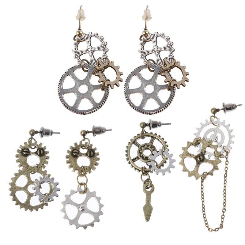 Boucles d’oreilles Steampunk Antique — Engrenages et chaîne bronze - B, A