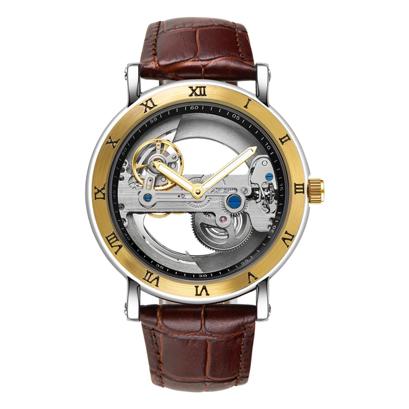 Montre Squelette Homme Transparente à Ponts Ajourés - Argenté et doré, bracelet marron
