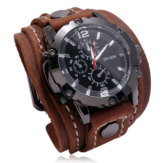 Montre Quartz Homme Cuir Large — Bracelet Vachette Vintage ou Punk