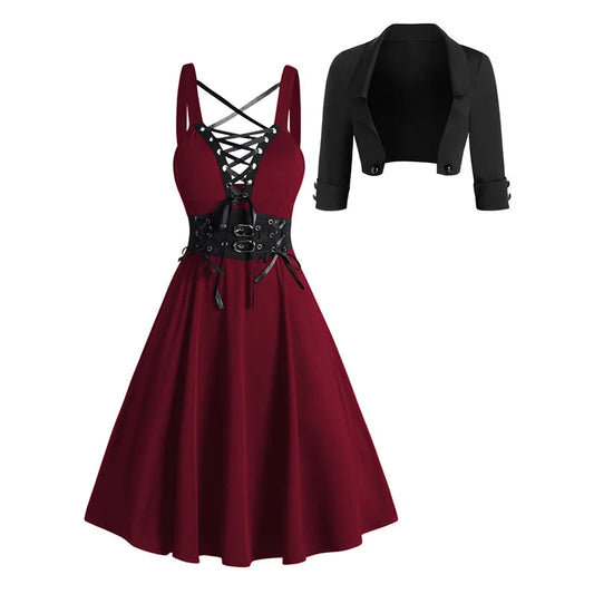 Robe Gothique avec Boléro – Veste Courte et Robe à Lacets