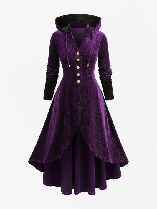 Abrigo de Terciopelo Witchy Mujer — Capucha Púrpura Botones Dorados Asimétrico Talla Grande