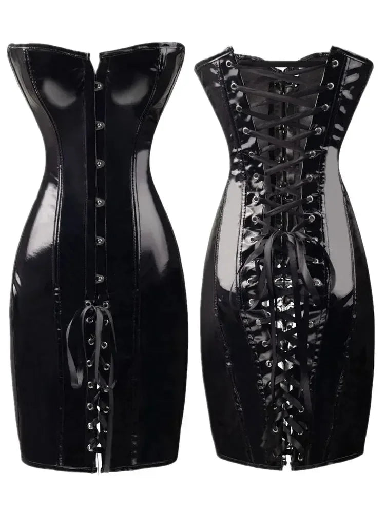 Vinyl-Bustierkleid – Gothic-Korsettstil — Schwarz