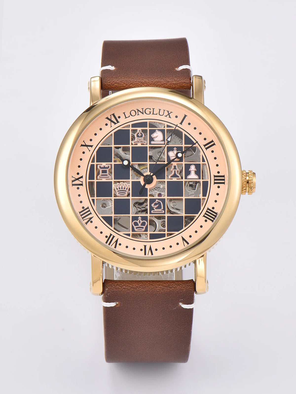 Montre Squelette Homme à Cadran Échiquier - Or rose, bracelet marron