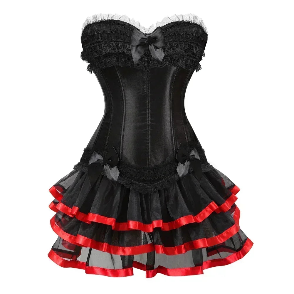 red and black corset tutu dress Victorian Gothic Black and Burgundy Lace Corset Dress with Layered Tulle Skirt Gothic Corset Dress with Long Sleeves Plus Size