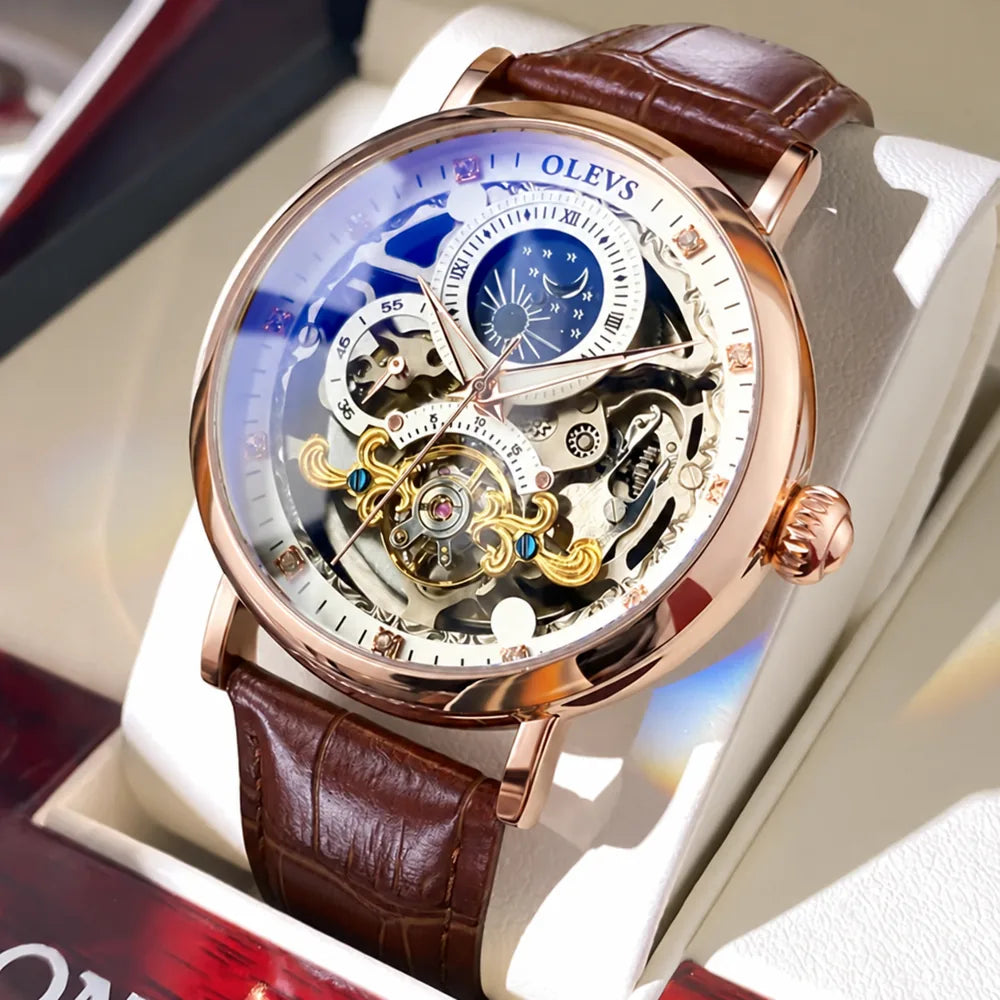 Reloj Esqueleto para Hombre con Motivo Celeste — Oro rosa, correa marrón