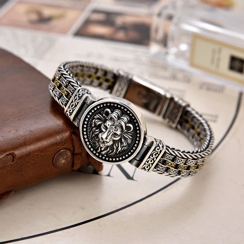 Bracelet Lion et Rotin Homme en Argent S925 - vue générale 1