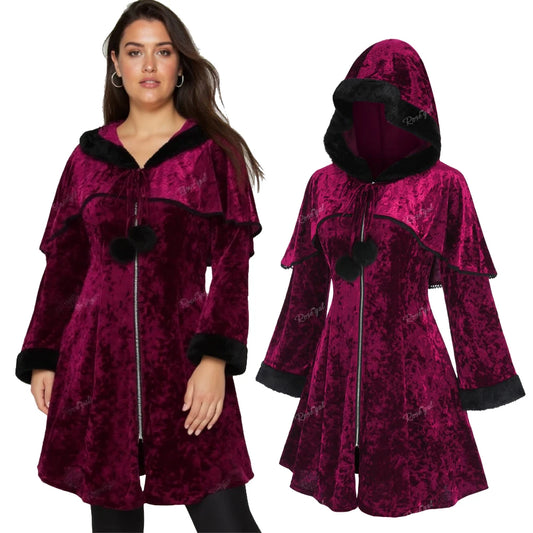 Abrigo Mujer Terciopelo Burdeos - Capucha Pelo Pompones Witchy Talla Grande